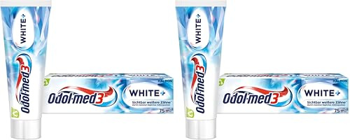 Odol-med3 White+ Zahnpasta, klinisch getestete Fluorid-Zahncreme, reinigt und entfernt Verfärbungen, für sichtbar weißere Zähne**, 75ml (Packung mit 2)