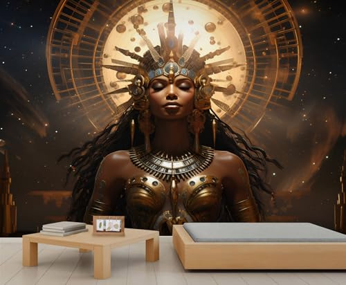 Papier peint 3D en forme de femme noire, motif pharaon - Pour salon, chambre à coucher, arrière-plan TV, hôtel, bar - 350 x 256 cm