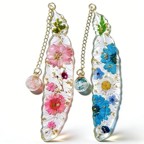 Satiskid 2 Pack Gepresste Blumen Harz Lesezeichen Feder Lesezeichen mit echten Blumen & Glühender Glasperlenkette Elegante Buchliebhaber Geschenke für Frauen Einzigartiges Buchzubehör Rosa und Blau