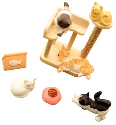 Shurhome 1/12 Scale Resin Miniature Cats Model Figure with Post Tree Various Poses for Doll House Scene Building Miniature Furniture