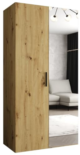 MEBLE KRYSPOL - Kleiderschrank - Garderobenschrank - 100 cm x 202 x 52 cm - Schrank mit Kleiderstange und Spiegel, 2 Türen - für Schlafzimmer, Flur - BARI, Artisan-Eiche, Griff Schwarz