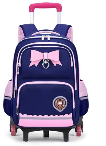 Amythe Schulranzen mit Rollen für Mädchen, Schulrucksack 1.-5. Klasse Blau | Trolley-Schultasche Mädchen 6 Räder, Wasserdichter Rucksack Kinder mit Reflektoren für Grundschule 6-10 Jahre, Schulstart