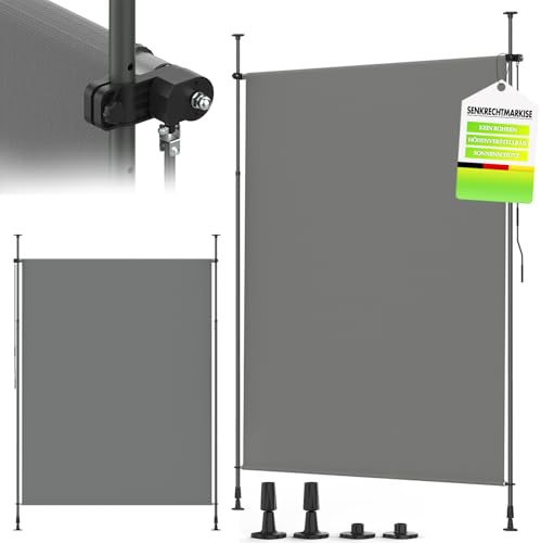 Huracan Klemmmarkise Senkrechtmarkise 200*270cm, Vertikalmarkise mit Handkurbel ohne Bohren, Sichtschutz Ausziehbar Blickdicht, Balkonrollo Terrasse, Sichtschutzrollo Markise Balkon Wetterfest, Grau