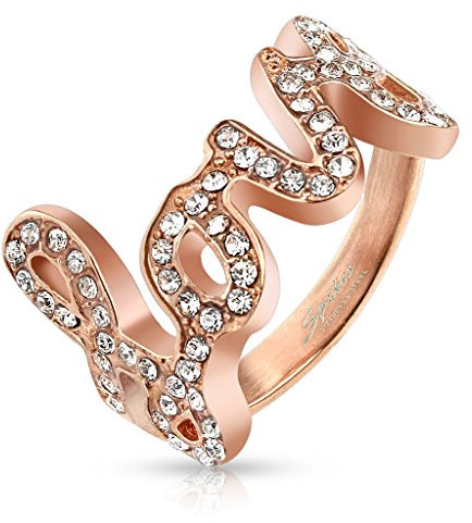BlackAmazement Edelstahl Ring Love Liebe Rose Gold Zirkonia CZ besetzt Rosegold Damen (52 (16.6))