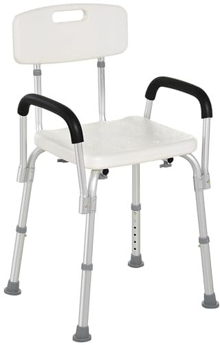 HOMCOM Silla Ducha Personas Mayores Taburete de Ducha Silla para Ducha con Respaldo Altura Regulable Antideslizante y Apoyabrazos Carga 136 kg Ayuda para Baño para Ancianos y Discapacitados
