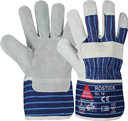 ROSTOCK - 5-Fg.-Sicherheitshandschuhe aus Spaltleder TÜV GS, Universeller Arbeitshandschuh Gartenhandschuh, aus Qualitäts-Rindnarbenleder - Größen 7 bis 12, Grau / Blau, Größe 8 (M)