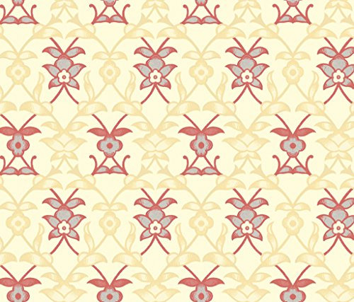 Elegante klein gemusterte Ranken Tapete mit Blüten gelb rot - Vlies Tapete Ornamente Blumen - Klassische GMM Wandtapete für edle Wohnakzente (Muster 20 x 46,5cm)