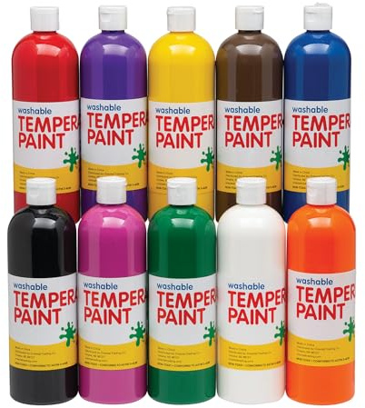 Fun Express Washable Tempera Paint Set for Kids - 10 Bright Colors in 16oz Squeeze Bottles | Non-Toxic Craft Paint for Classroom, Preschool & Art Projects | Safe Kids Paint Ages 3+