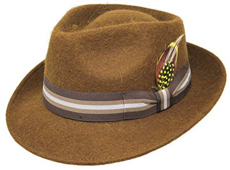 Borges & Scott Alpaka Doyle - Teardrop Fedora Hut - Alpaka Wollfilz - Abnehmbare Feder – Für die Reise aufrollbar - Wasserabweisend - Unisex - 56cm Braun