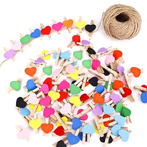 Pince à Linge en Bois Mini Coeur Clips Photos avec Ficelle de Jute 30m pour Décoration de Carte de Titulaire de Photo de Fête de Mariage et Bricolage Décoration 100 Pieces Coloré