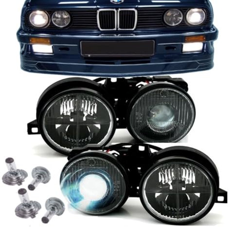 DM Autoteile 1001 Scheinwerfer Schwarz mit Fadenkreuz +DE Linse Hella Optik+H1 Birnen kompatibel für BMW E30