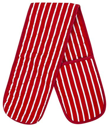 100% Cotton Butcher Stripe Quilted Double Oven Gloves Pot Holder Heat Resistant Mitt Come in Four Colours (Red)