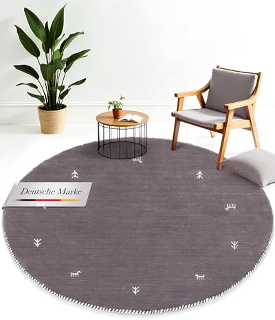 carpetfine Wollteppich Gabbeh Uni Rund Grau Ø 250 | Moderner Teppich für Wohn- und Schlafzimmer