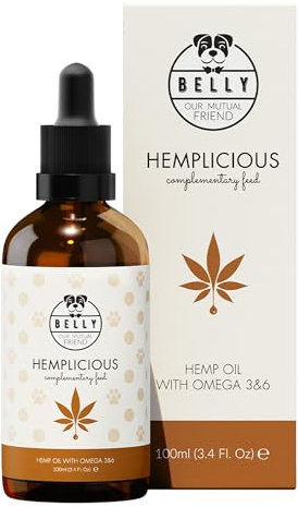 BELLY Olio di Canapa per Cani - Integratore con Omega 3 6 e 9 per Articolazioni Sane e Relax Naturale - 100ml - Olio di Semi di Canapa per Pelo Lucente, Pelle Sana e Proprietà Calmanti Antistress