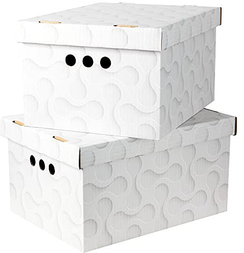 SOFTILLO Cardboard Storage Boxes with Lid Decorative Wardrobe, Closet, Home & Office Organiser with Handle Flat-Packed, Stackable File Box Gift for Adults & Kids Set of 2 Large White Wave