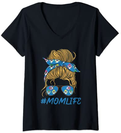 Damen Mom Life Bandana mit Haifisch-Motiv, Sonnenbrille, Hai-Print T-Shirt mit V-Ausschnitt