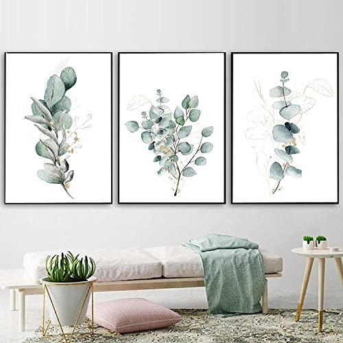 Pei-wall art Wandbilder, 3 Stück, 50 x 70 cm, rahmenlos, Aquarell, botanisch, Eukalyptus, Blumen, grünes Blatt, Poster, Wandkunst, Bilder für Wohnkultur