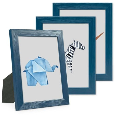PHOTOLINI Bilderrahmen Kinderzimmer 13x18 cm Dunkelblau, 3er Set Wechselrahmen farbig, Holz, Acrylglas, Made in Germany, zum Aufstellen & Aufhängen, mit Zubehör - für bunte Kinderbilder