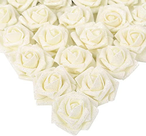IPOPU Schaumstoffrosen, 25 Stück, Glitzer-Rosen, Schaumstoffrosen mit Stiel, für selbstgemachte Hochzeit, Brautstrauß, Zuhause, Party-Dekoration (Elfenbein)