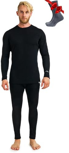 Merino.tech 100% Merino Unterwäsche Herren Set - Schwergewicht Thermounterwäsche Merinowolle, Langarm Shirt und Hose + Wandersocken aus Merinowolle (Large, 320 Black)