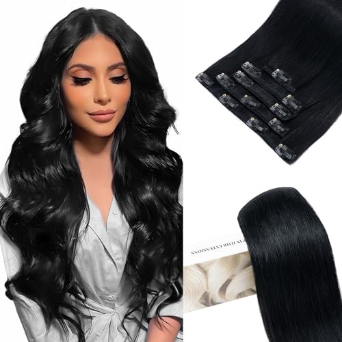 Elailite Clip in Extensions Echthaar, 5 Pcs Remy Haarverlängerung mit 12 Clips, 40cm-60g Glattes Haarteile Natürlich Haarextension für Frauen Damen #1 Schwarz
