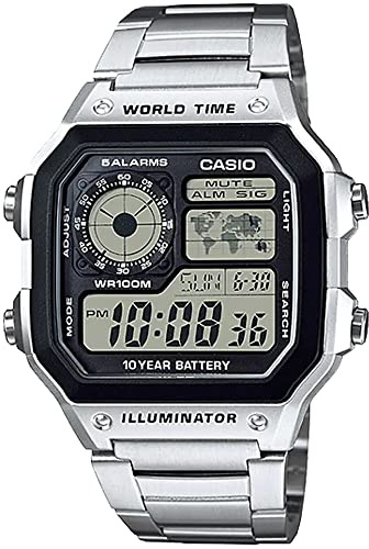 Casio World Time Digital Herren-Armbanduhr AE-1200 Serie Übersee Modell, Silberfarbenes Metall AE-1200WHD-1AV, Armbandtyp: