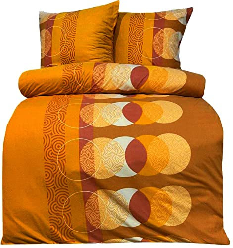 Leonado Vicenti Fleece Bettwäsche 135 x 200 cm 4 TLG mit Reißverschluß kuschelig warme Winter Bettwäsche Kreise Orangetöne