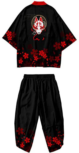 DOSLAVIDA Herren Japanische Kimono Jacke Set Stilvolle Open Front Mantel mit Shorts Chinesischer Stil Bedruckte Cardigan Anzüge, Hosen-schwarz 9, X-Large
