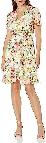 London Times Damen Wrap Kleider Faux Wickelkleid mit Rüschen Rock Anlass Dusche Büro Karriere, Whip Cream/Rose Pink, 46