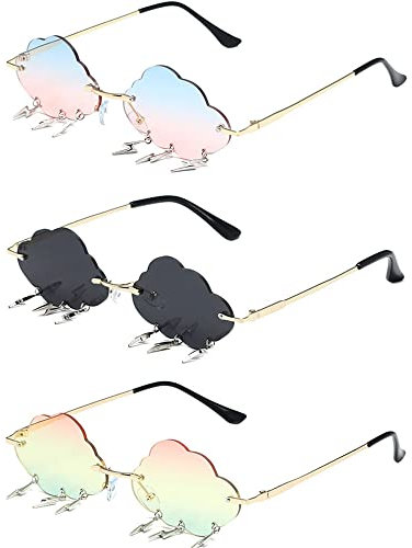 LUFEIS Damen Sonnenbrille, 3 Stück Sonnenbrille Wolke Blitz, Randlose Sonnenbrilles Bunte, Unregelmäßige Sonnenbrilles, Blitz Quaste für Frauen Vintage Getönte Brille für Party, Strand, Sommer, Feste