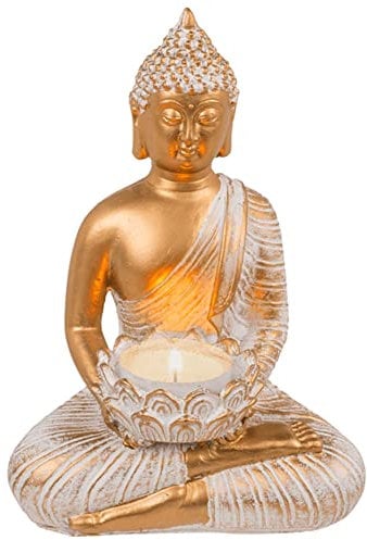mtb more energy Deko Teelichthalter ''Peaceful Buddha'' - sitzende Buddha Figur - Vintage weiß Gold - Höhe ca 14 cm - Dekoration Meditation Statue