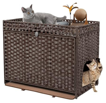 DOVEAID Katzentoilette Enclosure Furniture Hidden, Pet House Litter Box Furniture für große Katzen, Handwoven Rattan mit Tür, Indoor Cat House Storage mit Soft Litter Mat, Braun