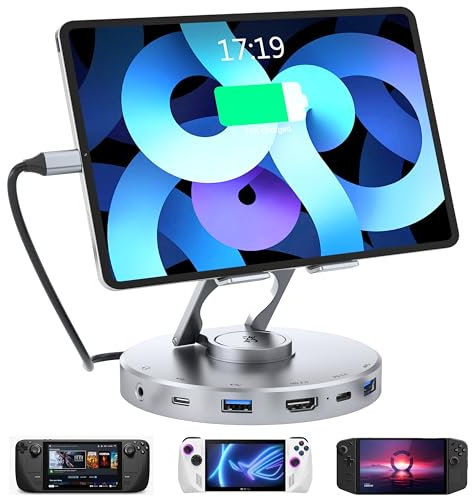 YCE 6 in 1 Docking Station for Steam Deck and ROG,with 4K@60Hz HDMI,100W PD,Audio,USB A,USB C Rotatable Folding Type-C Tablet Stand Holder for iPad,Steam Deck,ROG Ally,Phone