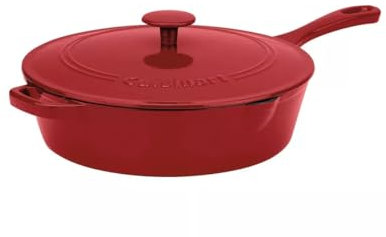 Cuisinart Sartén de hierro fundido, freidora de pollo de 12 pulgadas, cazuela roja esmaltada