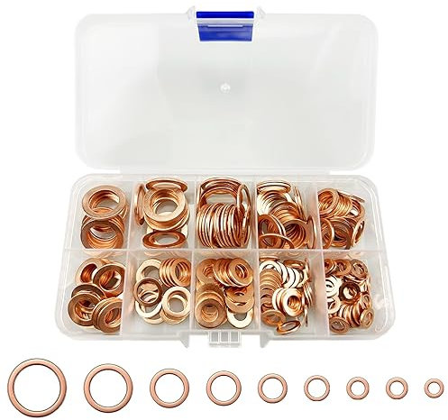 200pcs Rondelle Cuivre Joint Vidange Assortiment Kit, Cuivre Rondelles Metal avec Boîte, Rondelles pour Gonds de Porte, Joint Rondelle Plate, pour L'étanchéité des Vis Bagues D'étanchéité(laiton)