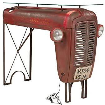 Woodkings Bartisch Traktor I BxH 122x110cm I Thekentisch Metall rot I Unikat Barttresen mit Glasplatte I idealer für Küche als Frühstücks Tresen