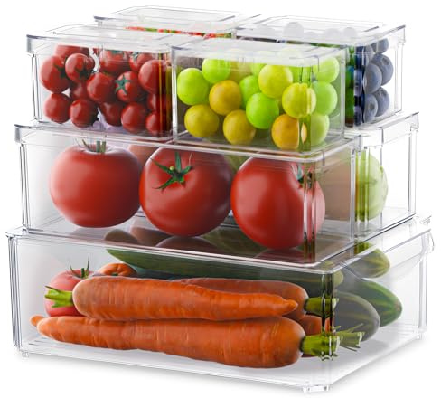 BTGGG Set of 7 Fridge Organisers with Lids Stackable Fridge Storage Containers Set, Vegetable Fruit Clear Refrigerator Freezer Organiser for Pantry, Cabinet, Drawer