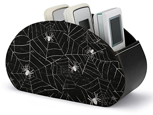 Eleganter TV-Fernbedienungshalter aus PU-Leder mit 5 Fächern, Halloween-Schwarz-Weiß-Grunge-Hintergrund, Spinnennetze, Nachttisch, Desktop-Fernbedienungs-Caddy, Organizer-Ablage für DVD-Media-Player,