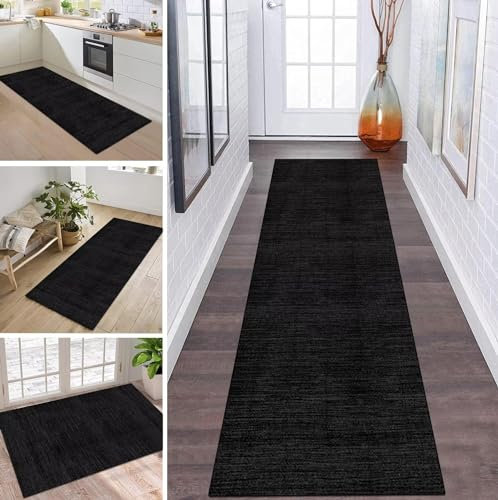 Teppich Läufer Flur Küche rutschfest waschbar Teppichläufer Lang Korridor Tepiche 60X350CM Schwarz Dunkelgrau Küchenteppich Meterware Bodenmatte Esszimmer Schlafzimmer Wohnzimmer Schmutzfangmatte
