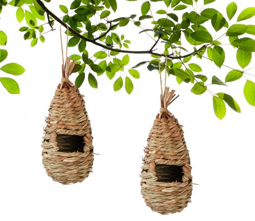 2 Pezzi Nido Uccello Erba Casetta, Casetta per Uccelli da Appendere, Nido per Uccelli Fatto a Mmano, Natural Casa degli Uccelli di Paglia per Merli, Passeri e Cinciarelle