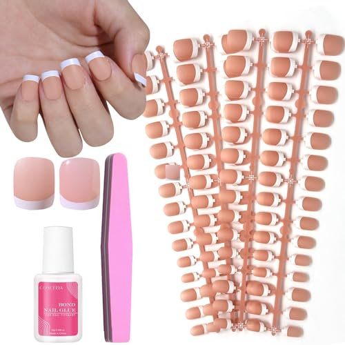 120Pcs Stick on Nails French Tip - 15 Sizes Matte Short Square False Nails with Glue - Full Cover Fake Nails Press on Nails - Acrylic Nail Tips & Accessories for Manicure at Home