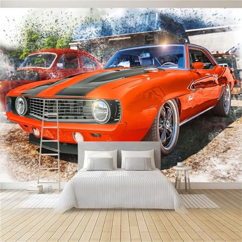 Papier Peint Panoramique Voiture Rouge 200 x 140 cm Papier Peint Intissé Mural, Poster Geant Mural Impression 3D, pour Salon Chambre d'enfants restaurant Décoration Murale