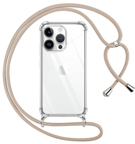 Pnakqil Coque pour iPhone 15 Pro avec Cordon, Transparente Silicone Housse avec Réglable de Collier Anti-Chute Etui pour iPhone 15Pro, Ètuis à Bandoulière 6.1, Kaki
