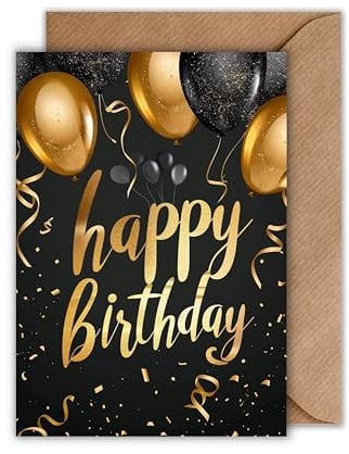 WBdesignz Geburtstagskarte „Happy Birthday“ – DIN A6 – Elegantes Schwarz-Gold-Design mit Ballons & Konfetti – stilvolle Karte für Männer & Frauen