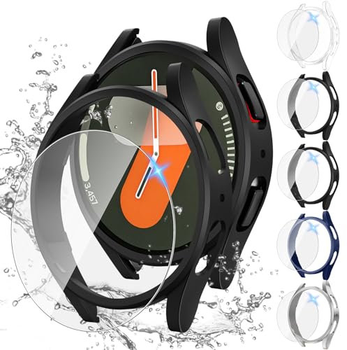 [5+5Pack] Neitra Funda para Samsung Galaxy Watch 7 44mm, 5 HD Protector de Pantalla de Cristal Templado + 5 PC Bumper Case Cubierta Protectora Case para Galaxy Watch7 2024 44mm