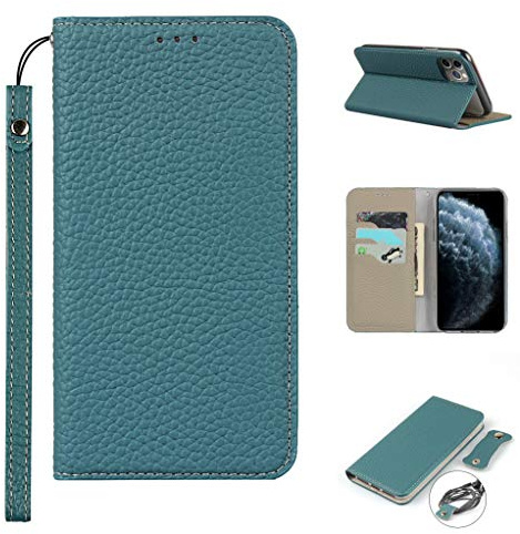 Cavor Phone Case Compatible for iPhone 11 Pro Max Cover,Genuine Leather Flip Wallet Case,[3 Card Holders][Magnetic Closure][RFID-Blocking][Lanyard] Protective Case - Sky Blue