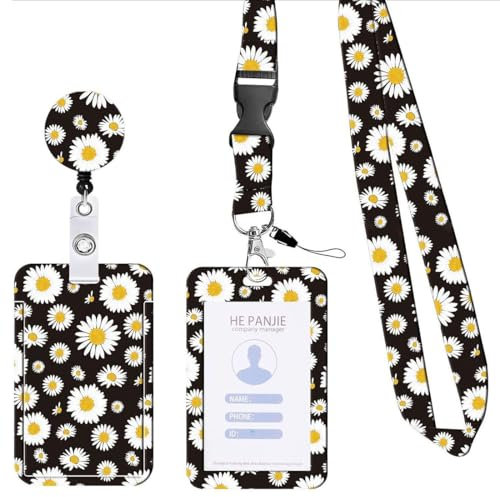 Porte Badge Cordon Tour de Cou avec Porte-cartes, Lanyard Strap Neck avec Swivel Lobster Clasp, Porte-Passeport avec Clip, pour femmes, enseignants, infirmières, médecins (Marguerite)