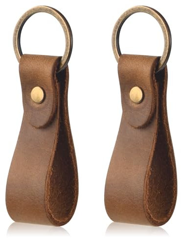 Porte-Clés en Cuir, 2Pcs Veritable Qualité Porte-Clés avec Lanière en Cuir et Boucle de Cuivre, Anneaux Porte Clé de Voiture Sangle en Cuir pour Homme Femme, Marron