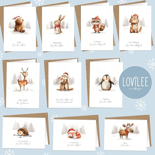 LOViLEE Weihnachtskarten inkl. extra Umschläge & Sticker im 10er Geschenkset - hochwertige Klappkarten zu Weihnachten - Weihnachtskarten mit Umschlag Set - Schneetiere Aquarell