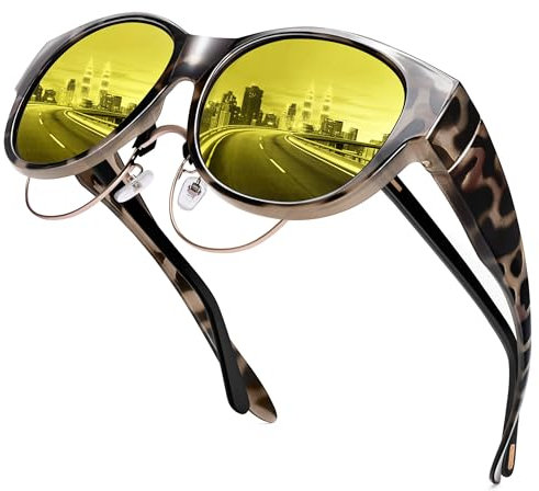 URUMQI Nachtsichtbrille für Autofahrer Damen Polarisierte Nachtbrille zum Autofahren Anti-Blendung HD Gelb Gläser Überzieh Nachtsichtbrille Ultra Leicht Katzenauge Glänzend Beige Schildpatt Rahmen